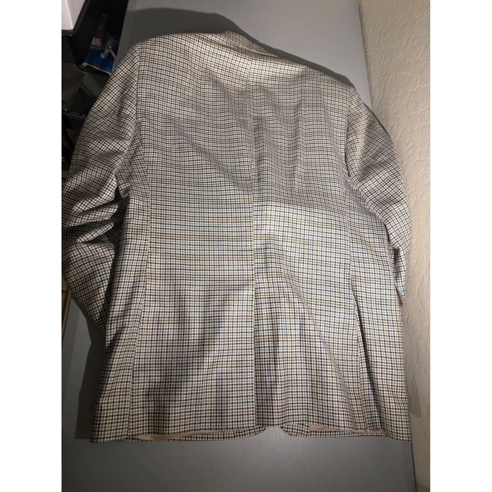 Jos. A. Bank Mens 44L Silk Wool Blend Check Sport Coat Blazer Tan Blue H0573